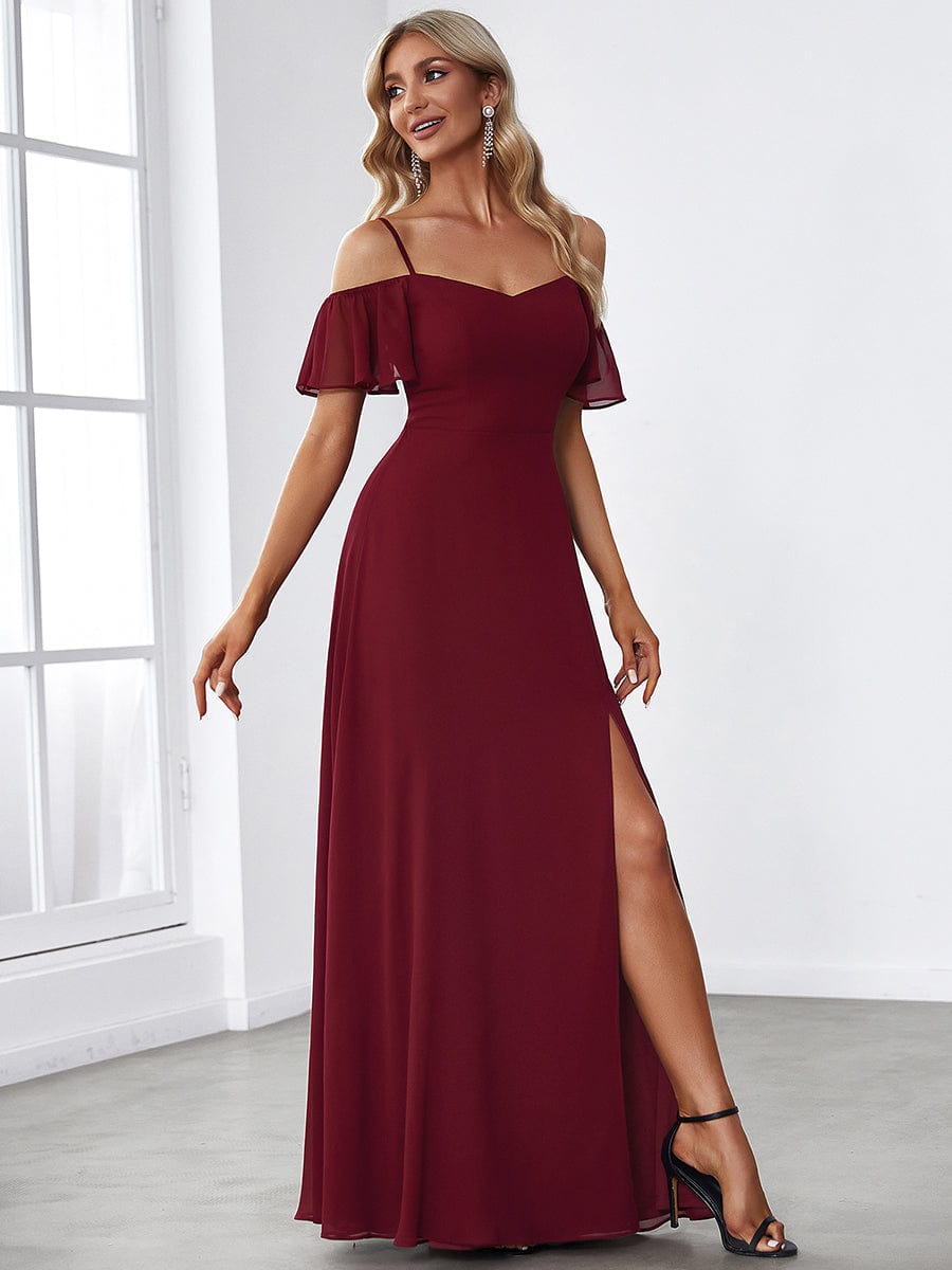 Stylish Cold-Shoulder Floor Length Bridesmaid Dress with Side Slit #color_Burgundy