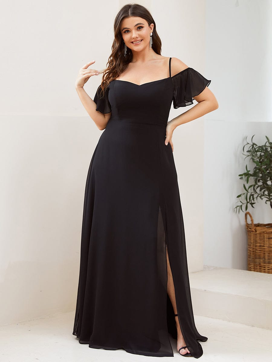 Stylish Cold-Shoulder Floor Length Bridesmaid Dress with Side Slit #color_Black