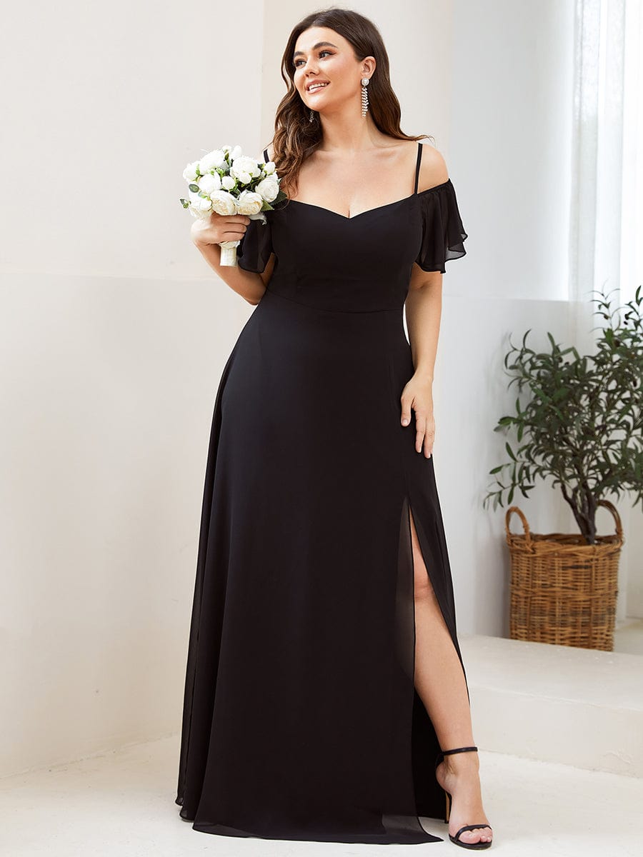 Plus-Size Cold-Shoulder V-neck Evening Dress with Side Slit #color_Black