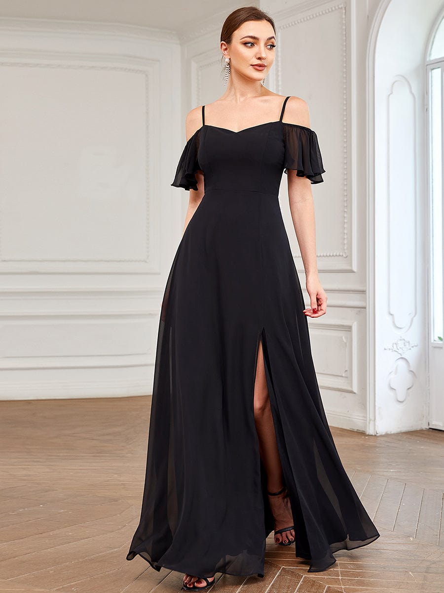 Stylish Cold-Shoulder Floor Length Bridesmaid Dress with Side Slit #color_Black