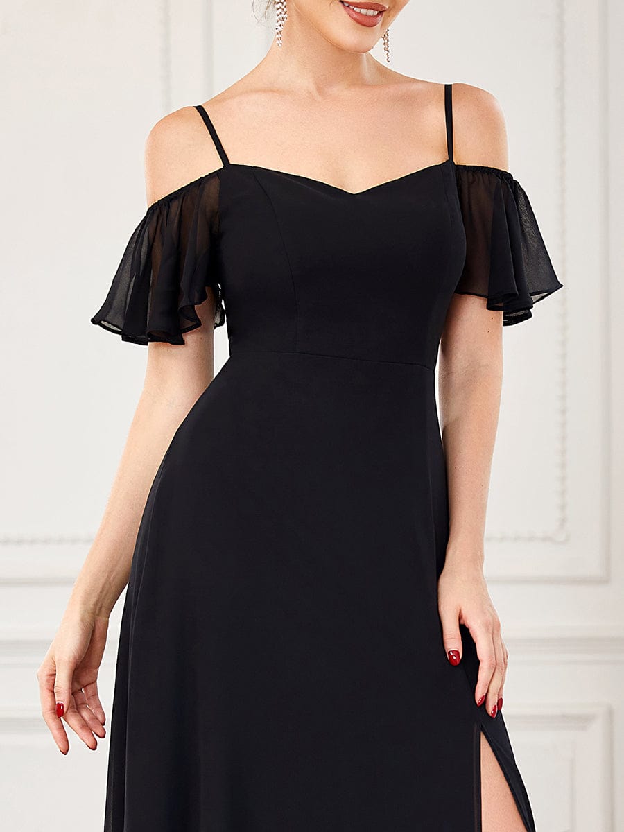 Stylish Cold-Shoulder Floor Length Bridesmaid Dress with Side Slit #color_Black