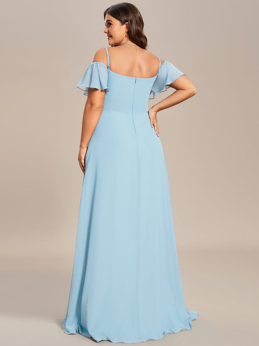 Plus-Size Cold-Shoulder V-neck Evening Dress with Side Slit #color_Sky Blue