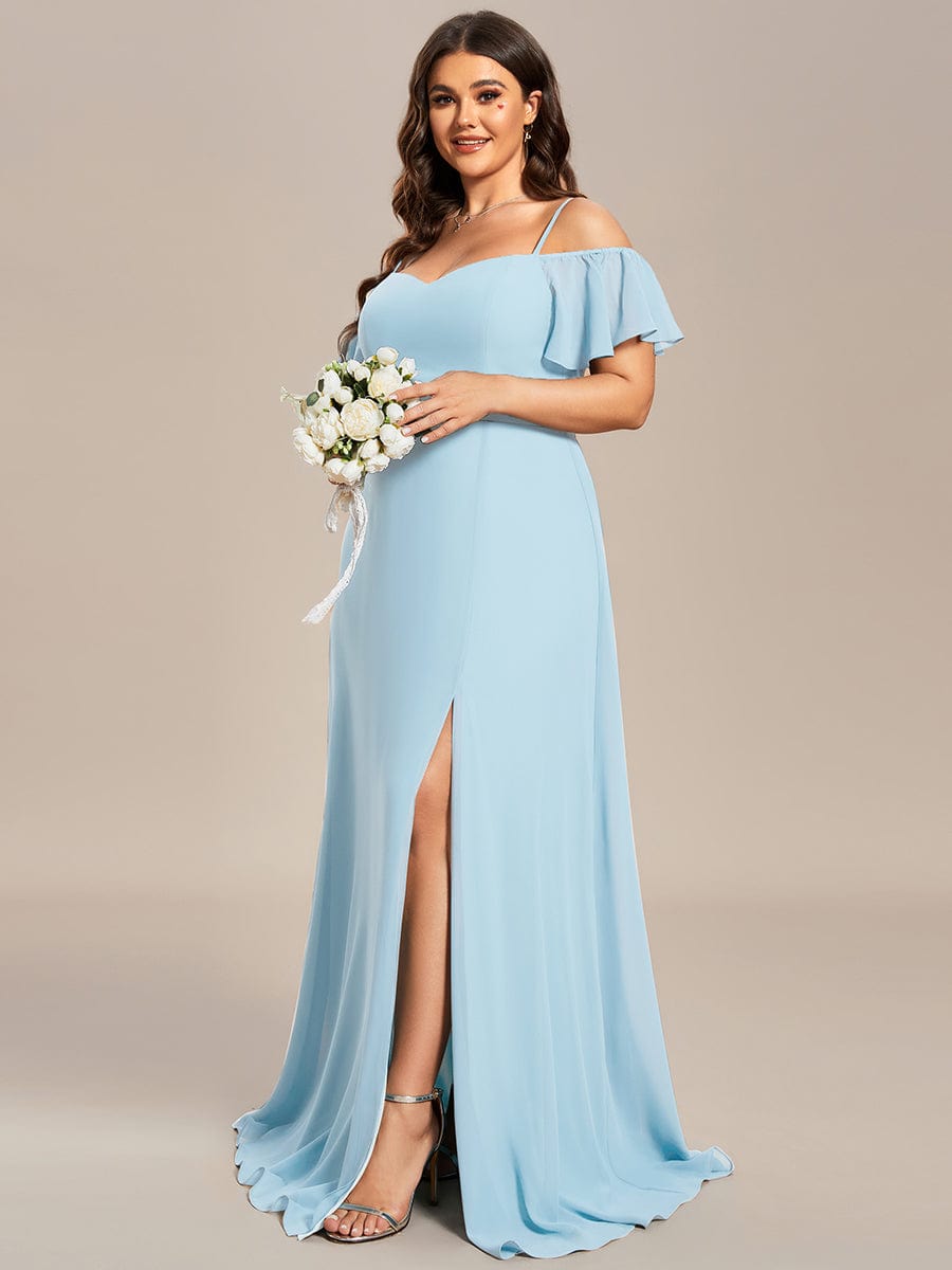 Plus-Size Cold-Shoulder V-neck Evening Dress with Side Slit #color_Sky Blue