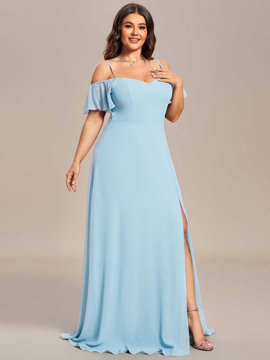 Plus-Size Cold-Shoulder V-neck Evening Dress with Side Slit #color_Sky Blue