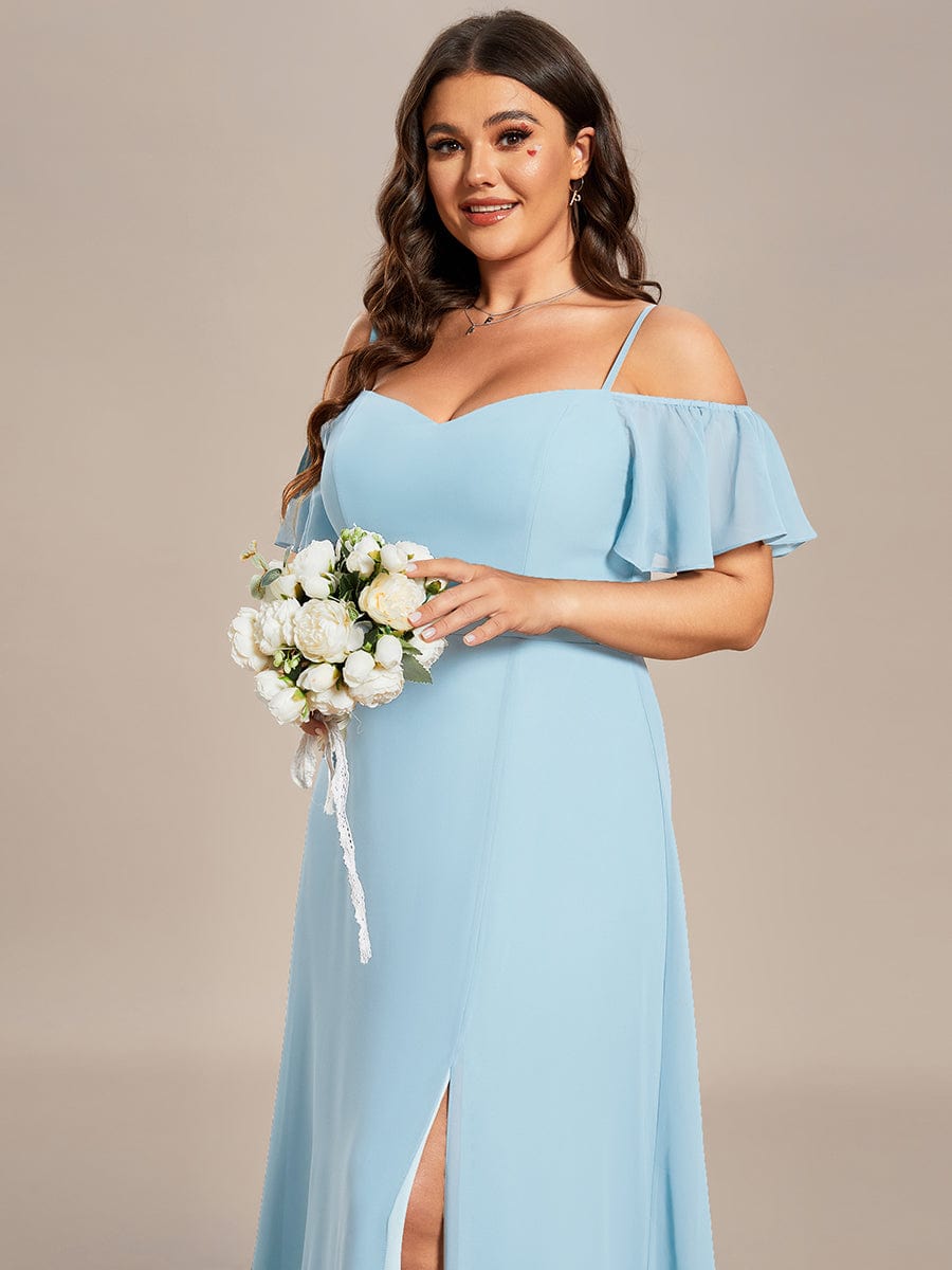 Plus-Size Cold-Shoulder V-neck Evening Dress with Side Slit #color_Sky Blue