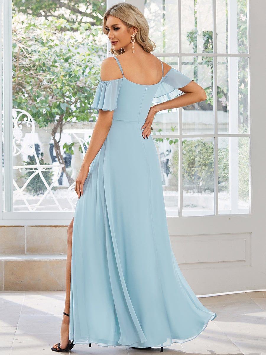 Cold-Shoulder High Split Floor Length Bridesmaid Dress #color_Sky Blue