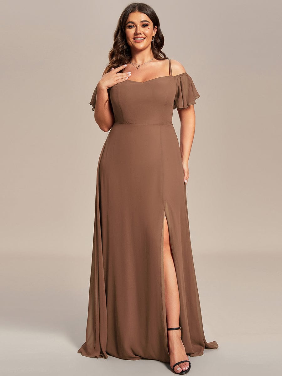 Cold-Shoulder High Split Floor Length Bridesmaid Dress #color_Brown