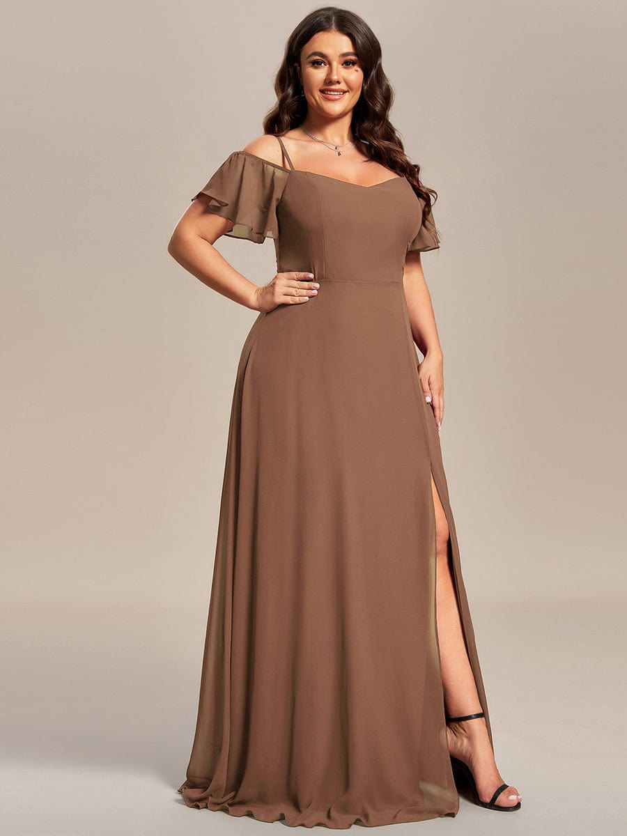 Cold-Shoulder High Split Floor Length Bridesmaid Dress #color_Brown