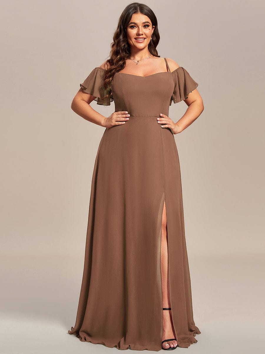 Cold-Shoulder High Split Floor Length Bridesmaid Dress #color_Brown