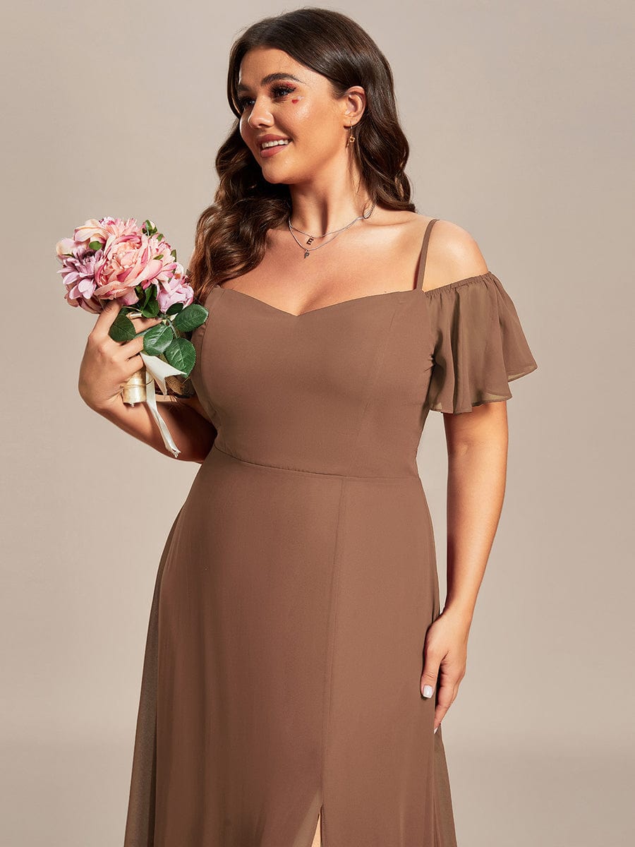 Cold-Shoulder High Split Floor Length Bridesmaid Dress #color_Brown