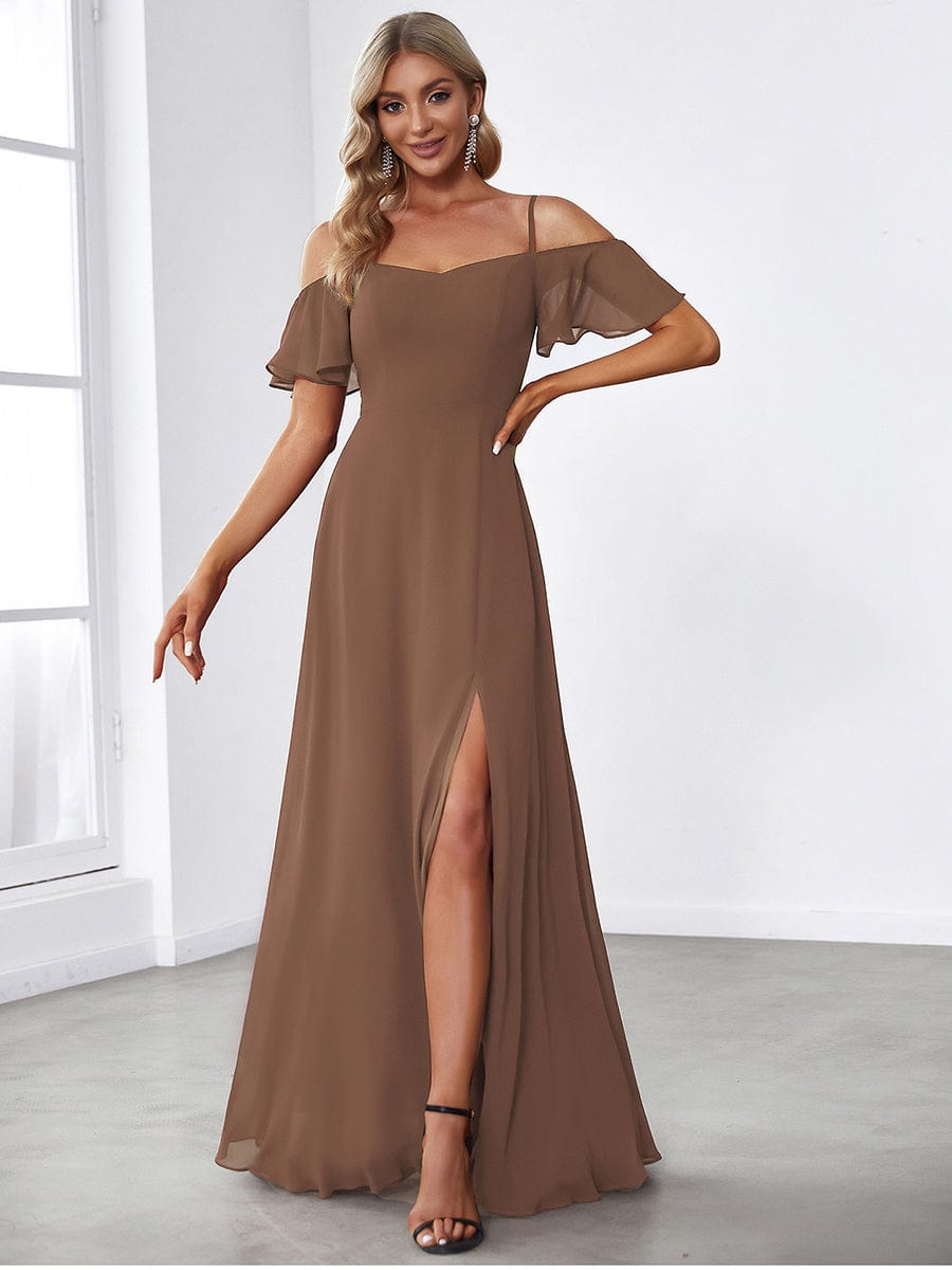 Cold-Shoulder High Split Floor Length Bridesmaid Dress #color_Brown