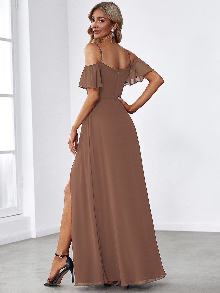 Cold-Shoulder High Split Floor Length Bridesmaid Dress #color_Brown