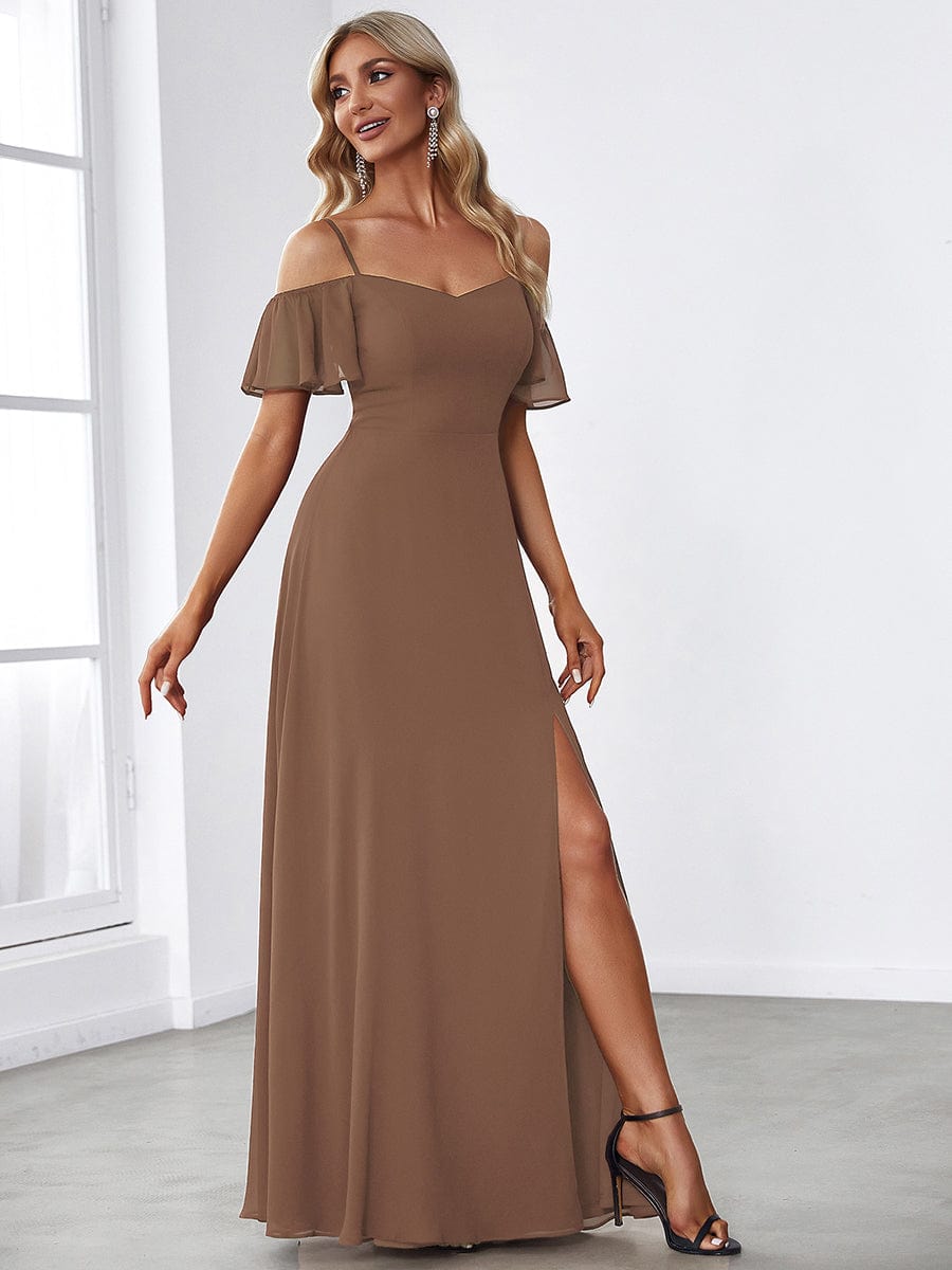 Cold-Shoulder High Split Floor Length Bridesmaid Dress #color_Brown