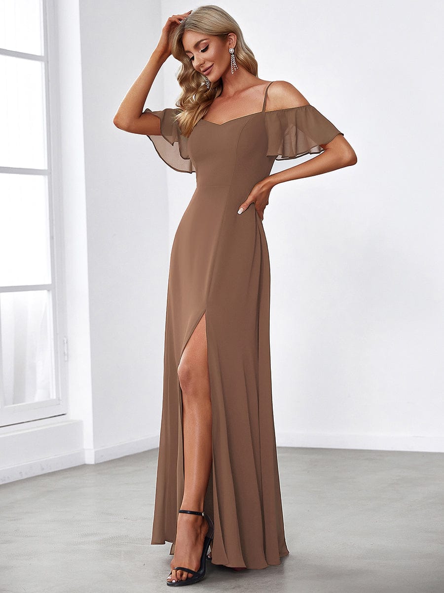 Cold-Shoulder High Split Floor Length Bridesmaid Dress #color_Brown