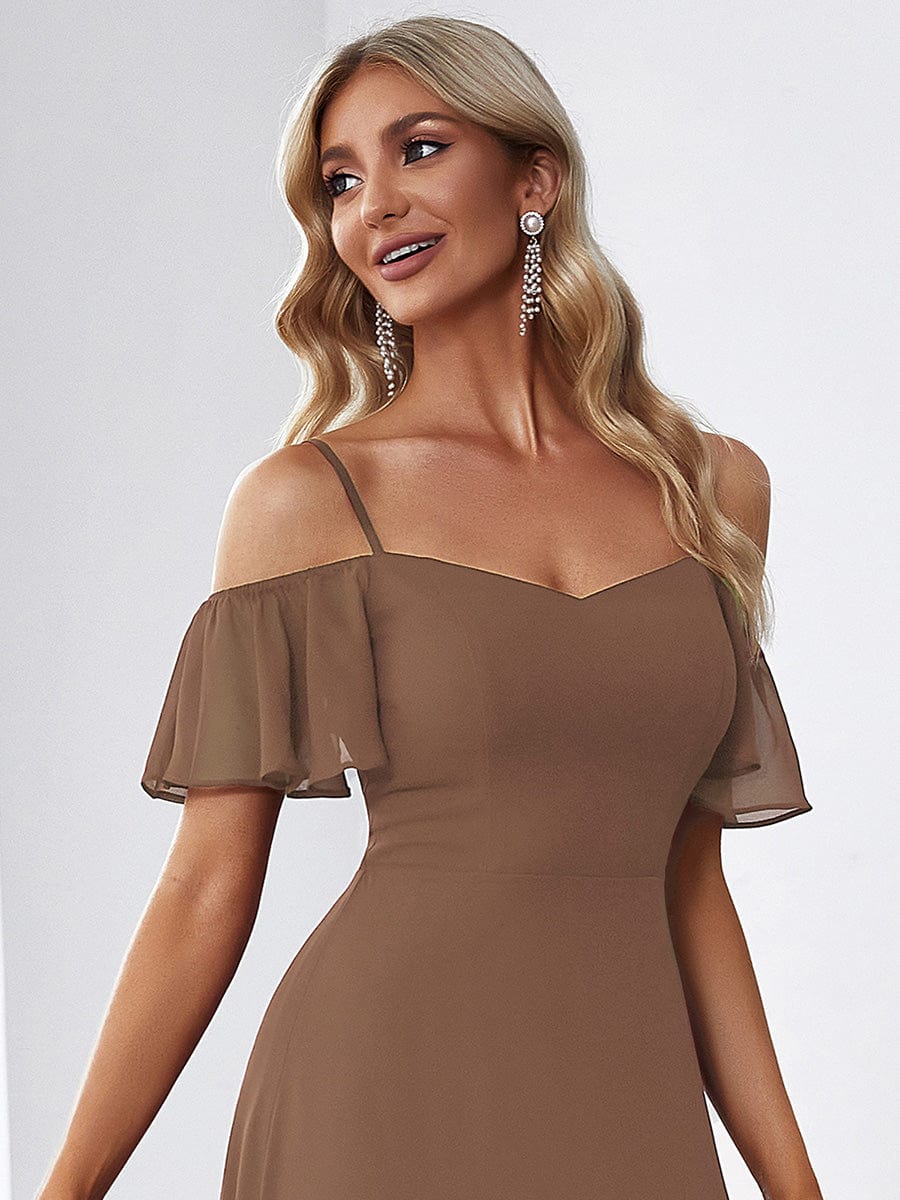 Cold-Shoulder High Split Floor Length Bridesmaid Dress #color_Brown