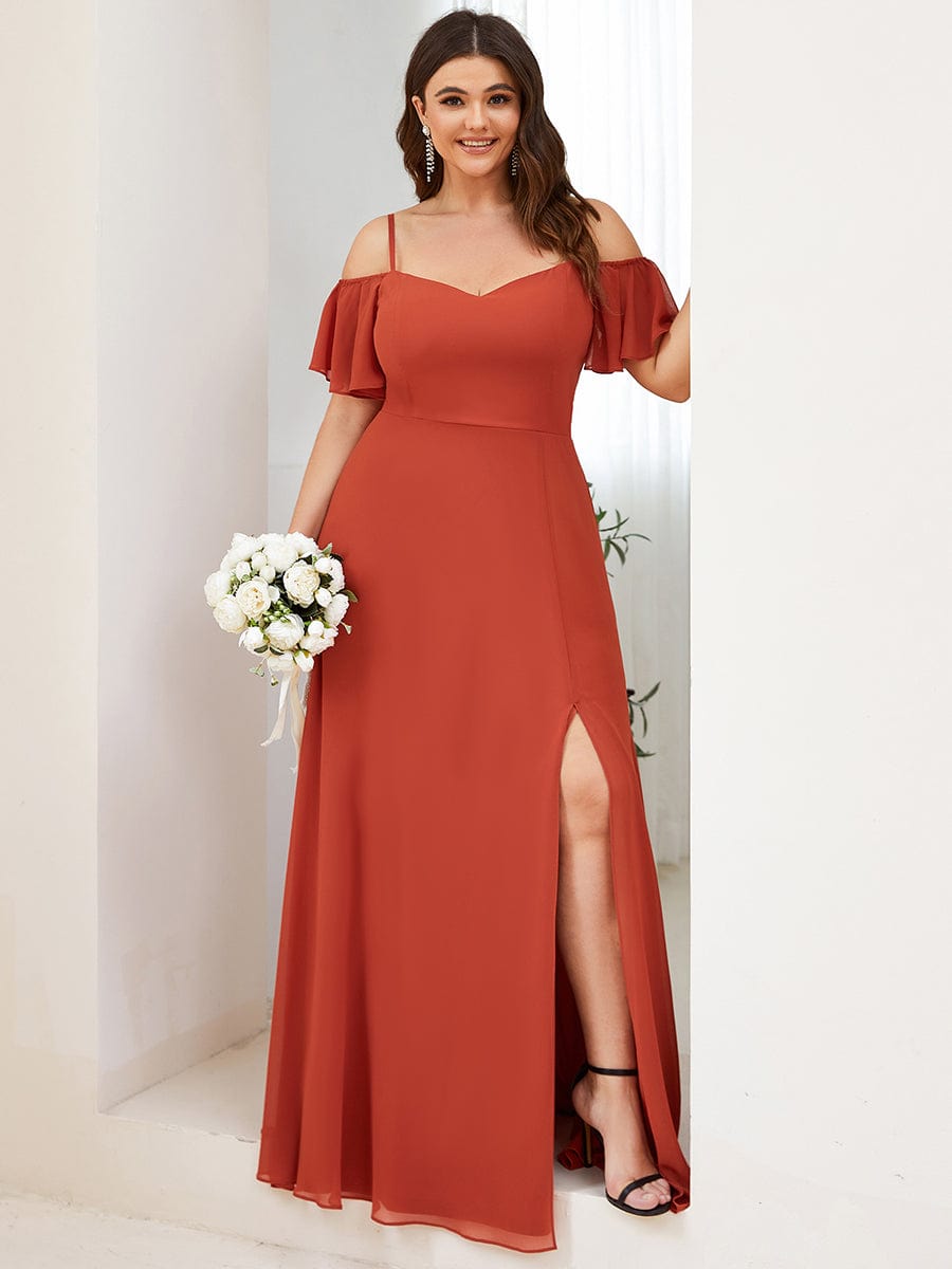 Plus-Size Cold-Shoulder V-neck Evening Dress with Side Slit #color_Burnt Orange