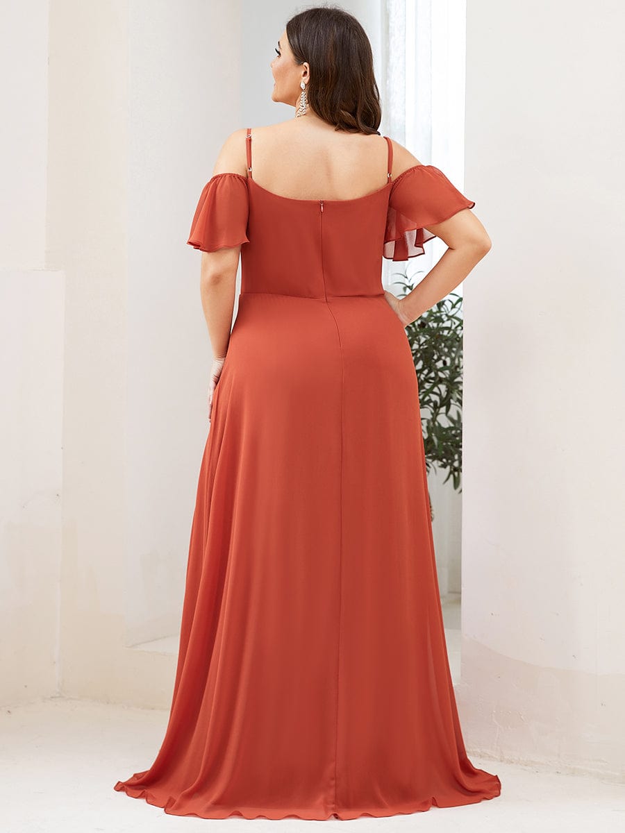 Plus-Size Cold-Shoulder V-neck Evening Dress with Side Slit #color_Burnt Orange