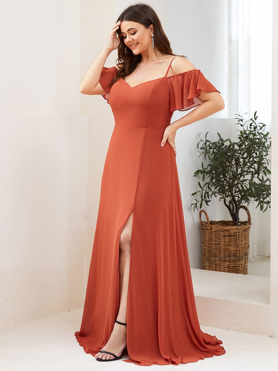 Plus-Size Cold-Shoulder V-neck Evening Dress with Side Slit #color_Burnt Orange