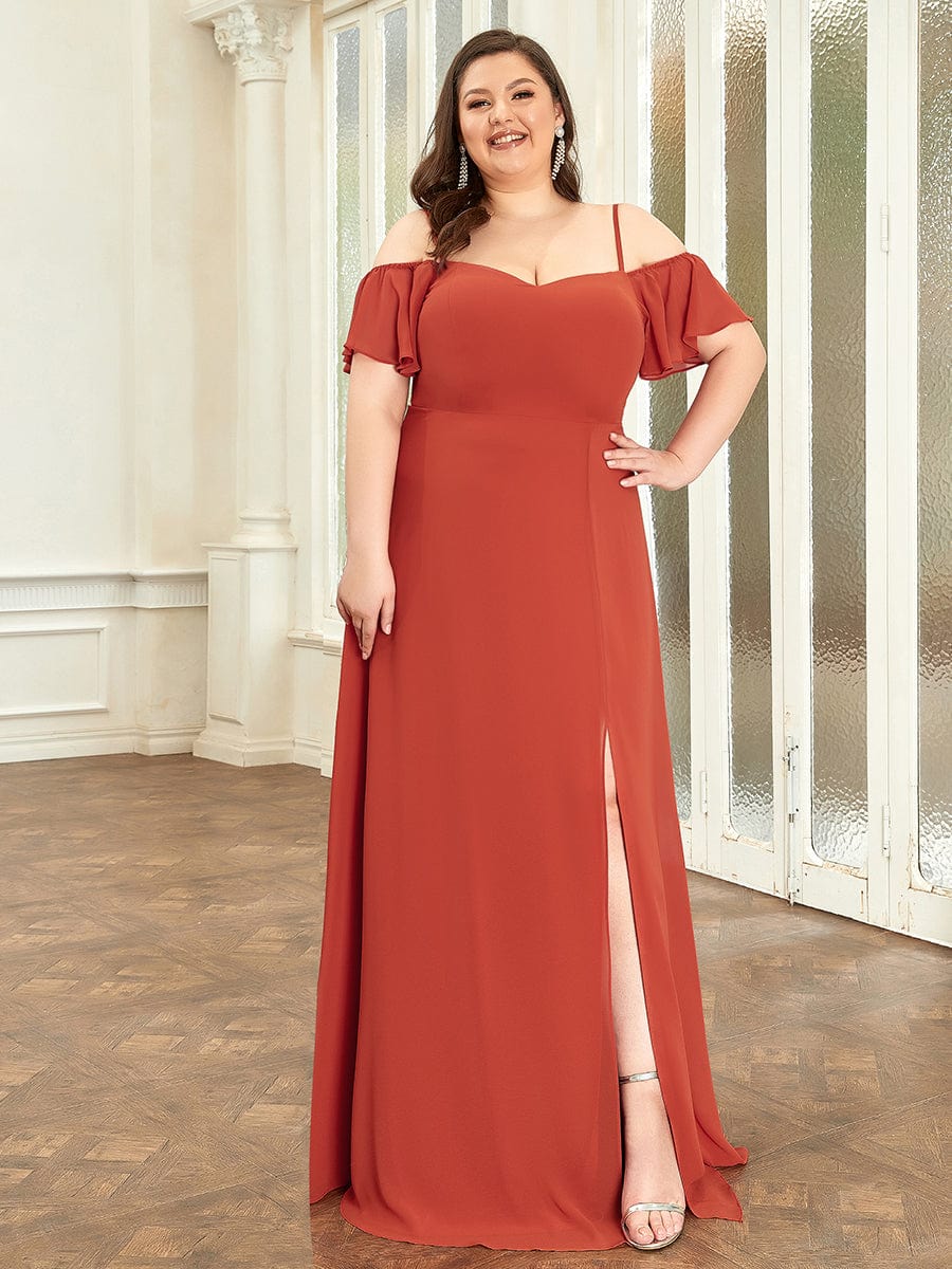 Stylish Cold-Shoulder Floor Length Bridesmaid Dress with Side Slit #color_Burnt Orange