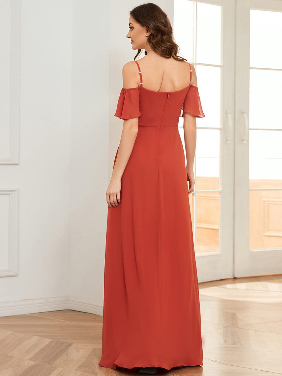 Stylish Cold-Shoulder Floor Length Bridesmaid Dress with Side Slit #color_Burnt Orange