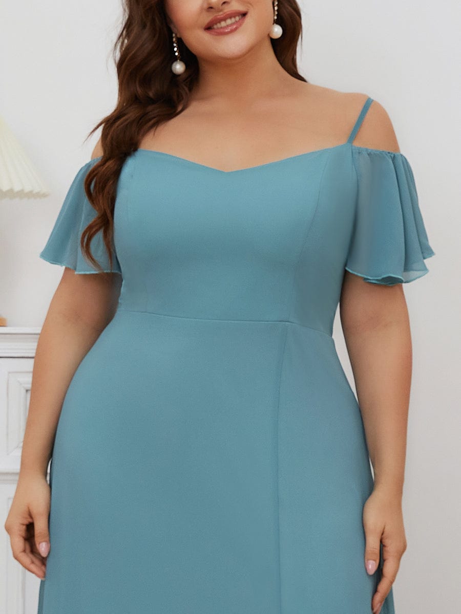 Plus-Size Cold-Shoulder V-neck Evening Dress with Side Slit #color_Dusty Blue