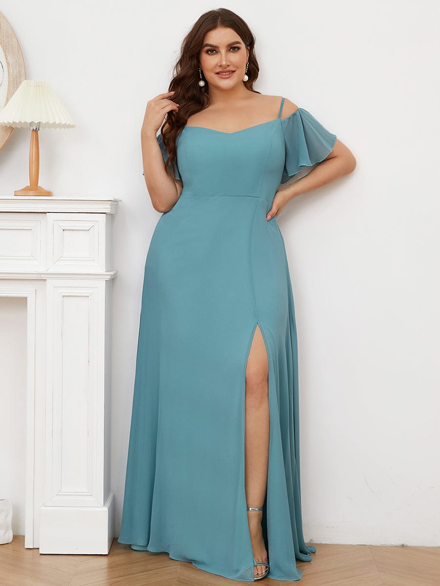 Plus-Size Cold-Shoulder V-neck Evening Dress with Side Slit #color_Dusty Blue