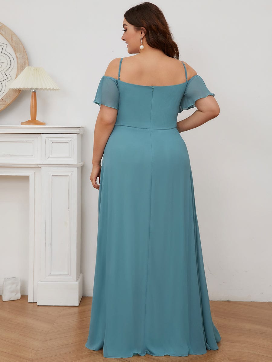 Plus-Size Cold-Shoulder V-neck Evening Dress with Side Slit #color_Light Teal