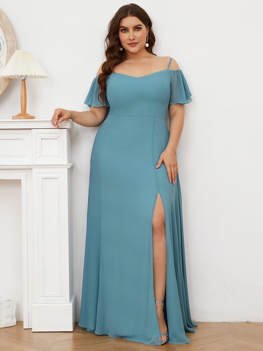 Plus-Size Cold-Shoulder V-neck Evening Dress with Side Slit #color_Light Teal