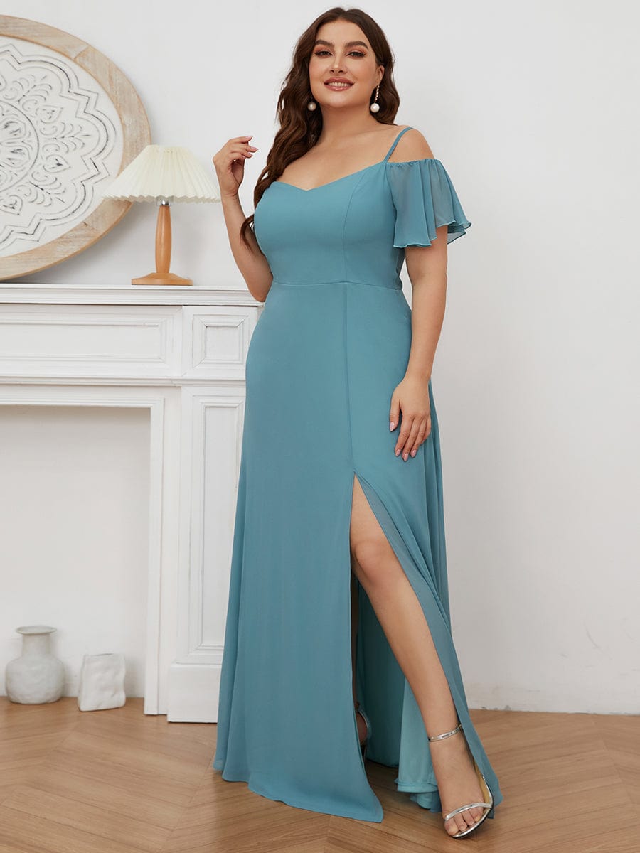 Stylish Cold-Shoulder Floor Length Bridesmaid Dress with Side Slit #color_Light Teal