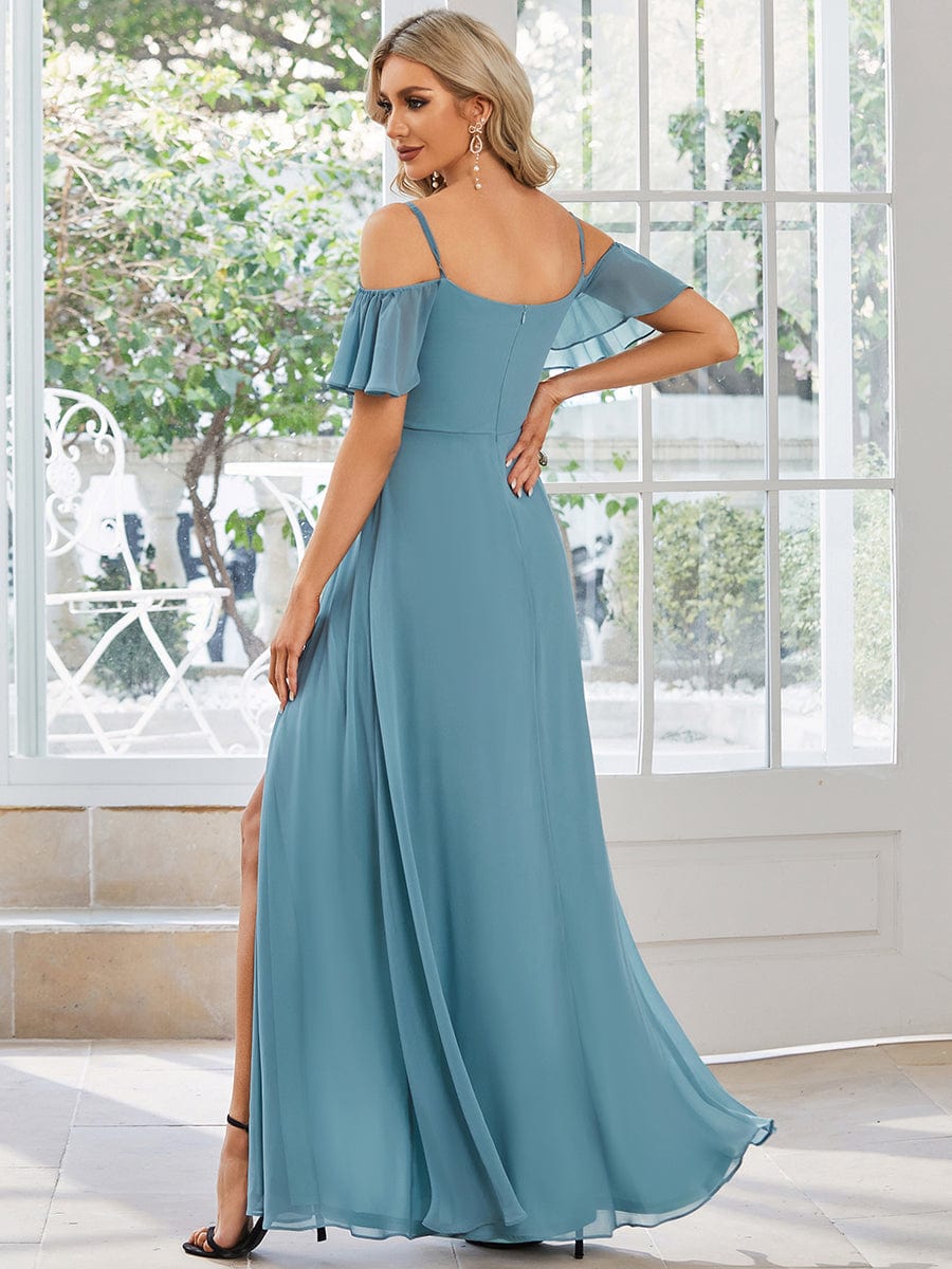 Stylish Cold-Shoulder Floor Length Bridesmaid Dress with Side Slit #color_Light Teal