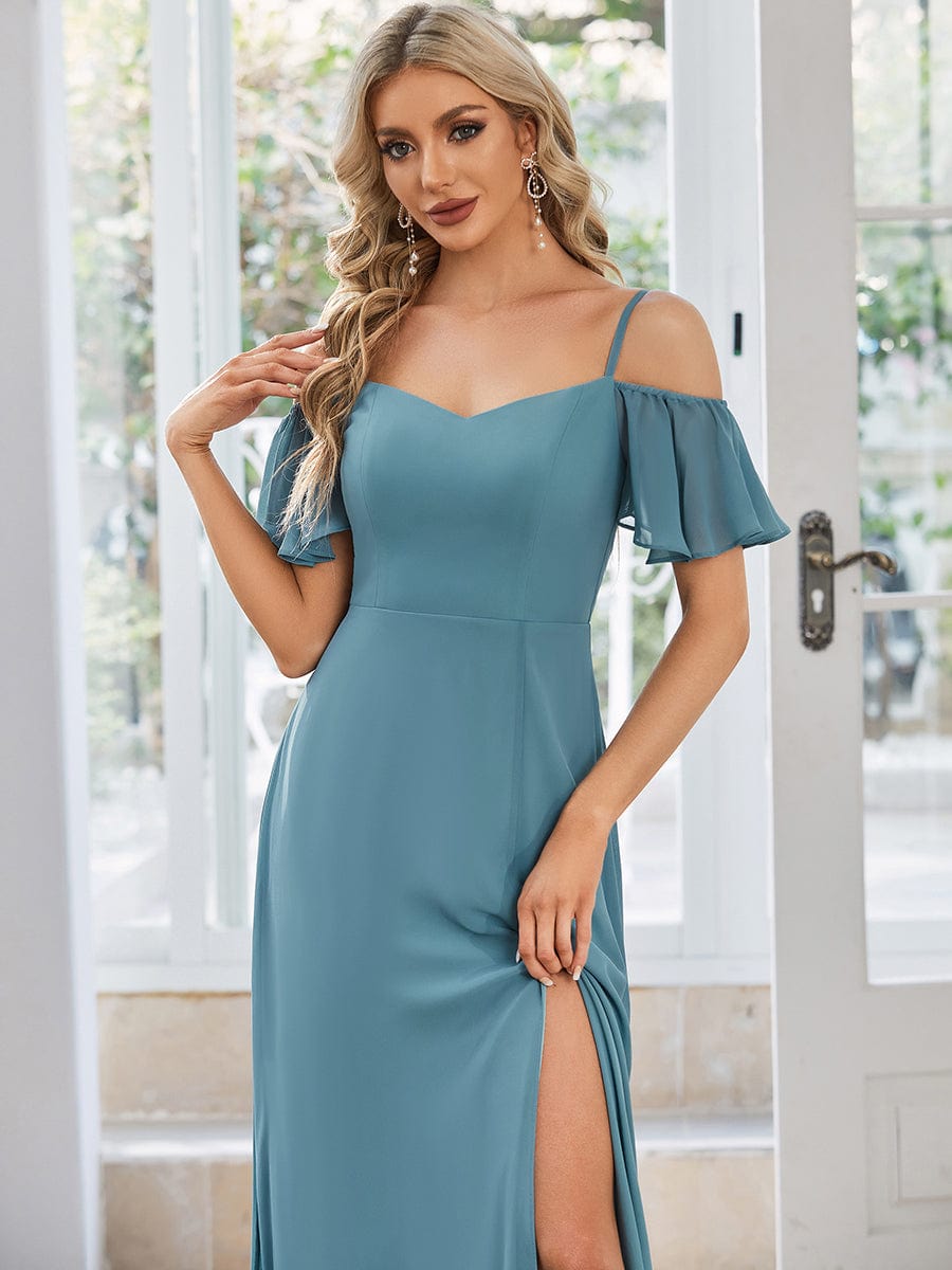 Stylish Cold-Shoulder Floor Length Bridesmaid Dress with Side Slit #color_Dusty Blue