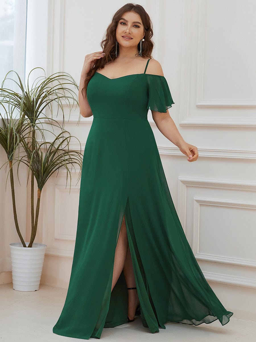 Plus-Size Cold-Shoulder V-neck Evening Dress with Side Slit #color_Dark Green