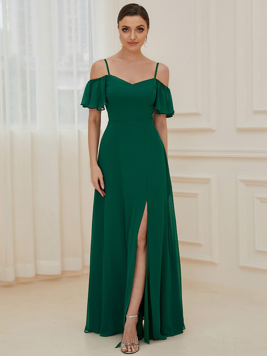 Stylish Cold-Shoulder Floor Length Bridesmaid Dress with Side Slit #color_Dark Green