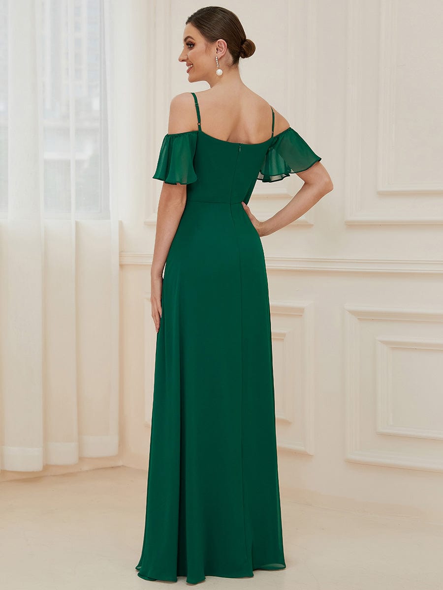 Stylish Cold-Shoulder Floor Length Bridesmaid Dress with Side Slit #color_Dark Green