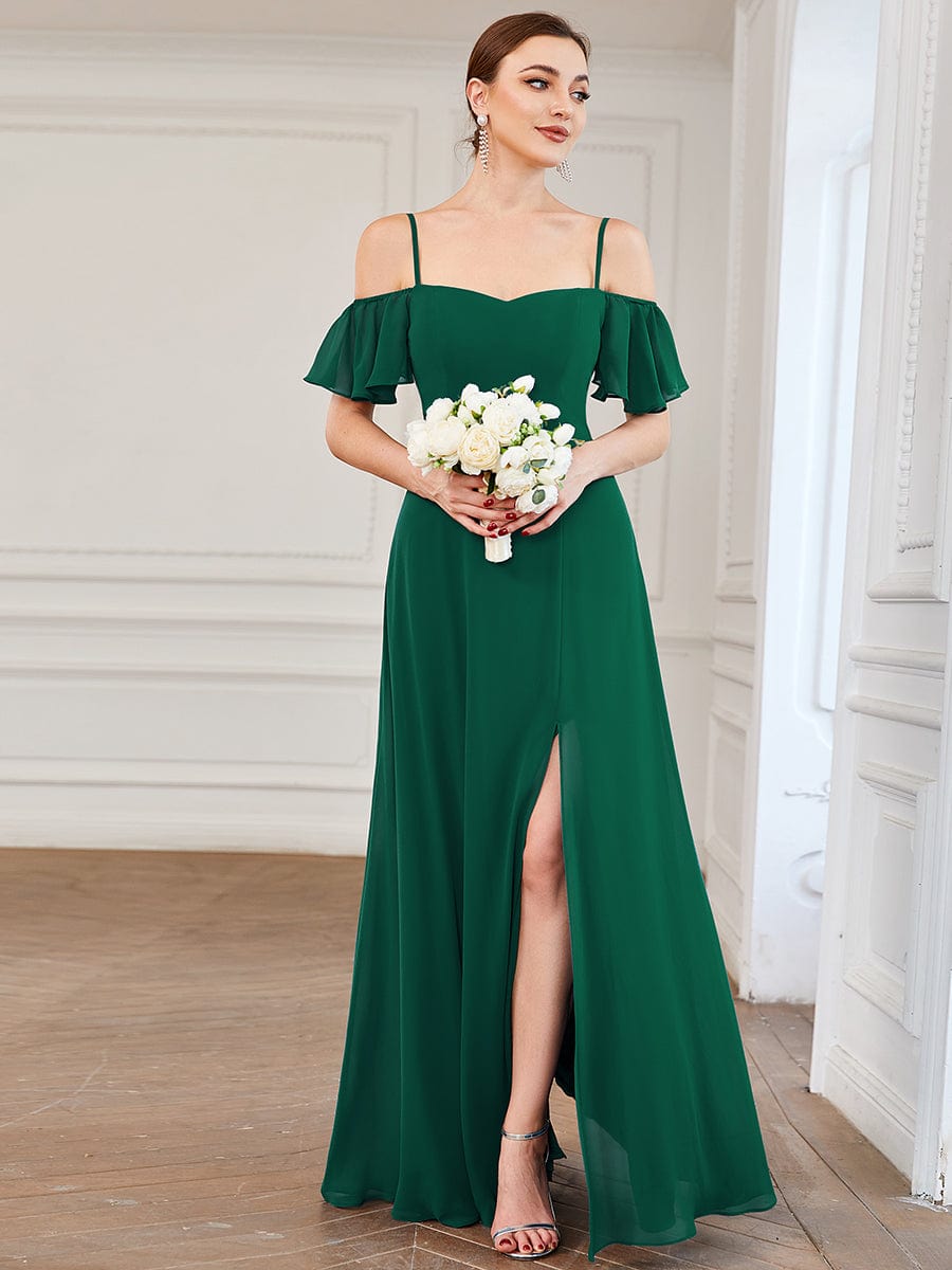 Stylish Cold-Shoulder Floor Length Bridesmaid Dress with Side Slit #color_Dark Green