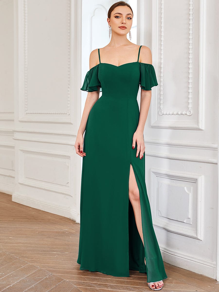 Stylish Cold-Shoulder Floor Length Bridesmaid Dress with Side Slit #color_Dark Green