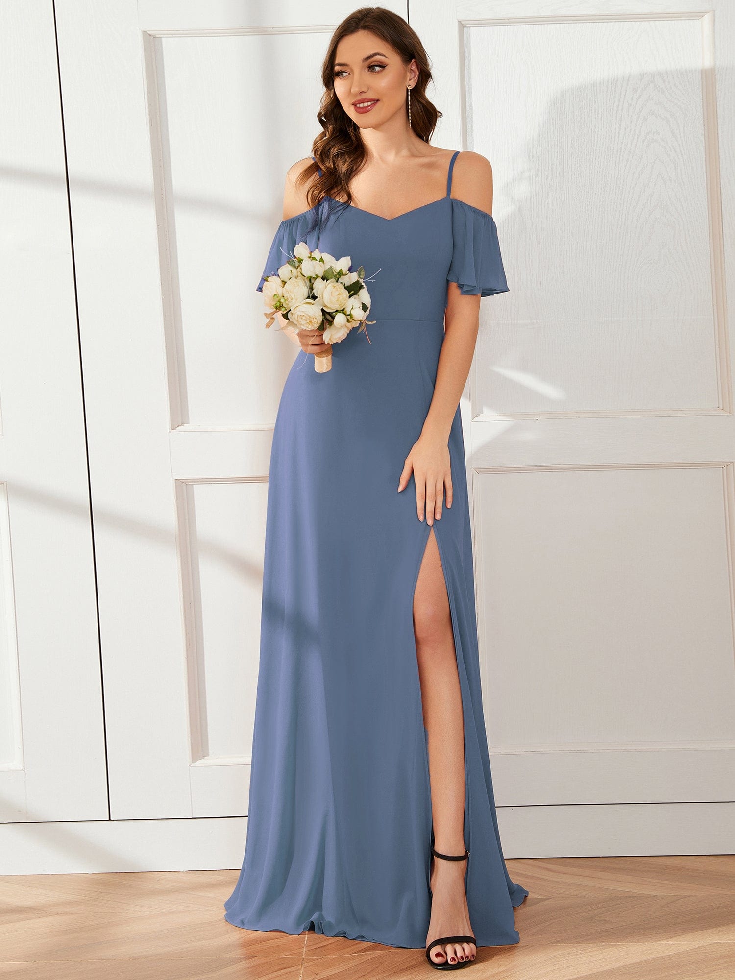 Stylish Cold-Shoulder Floor Length Bridesmaid Dress with Side Slit #color_Dusty Blue