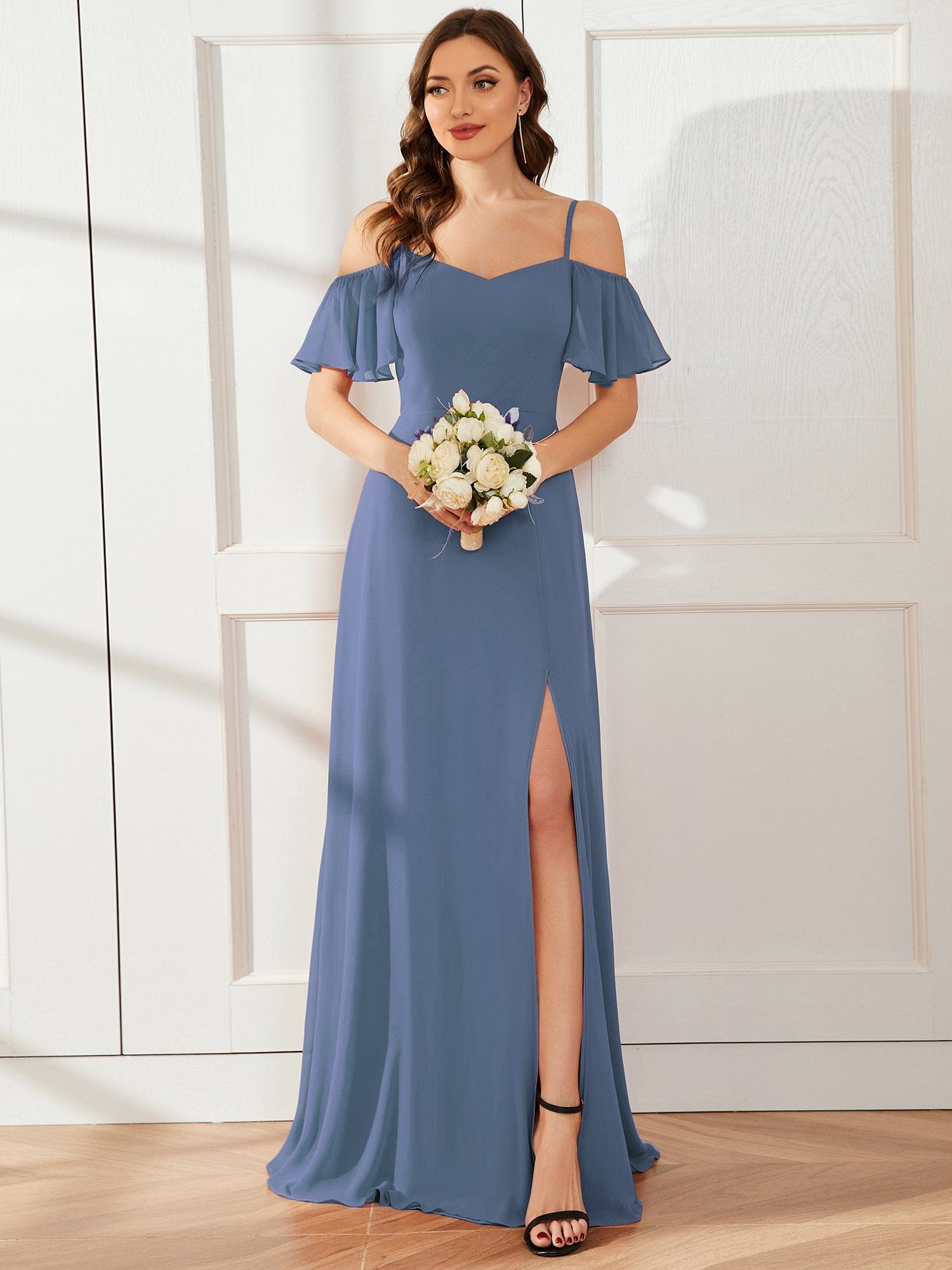 Stylish Cold-Shoulder Floor Length Bridesmaid Dress with Side Slit #color_Dusty Blue