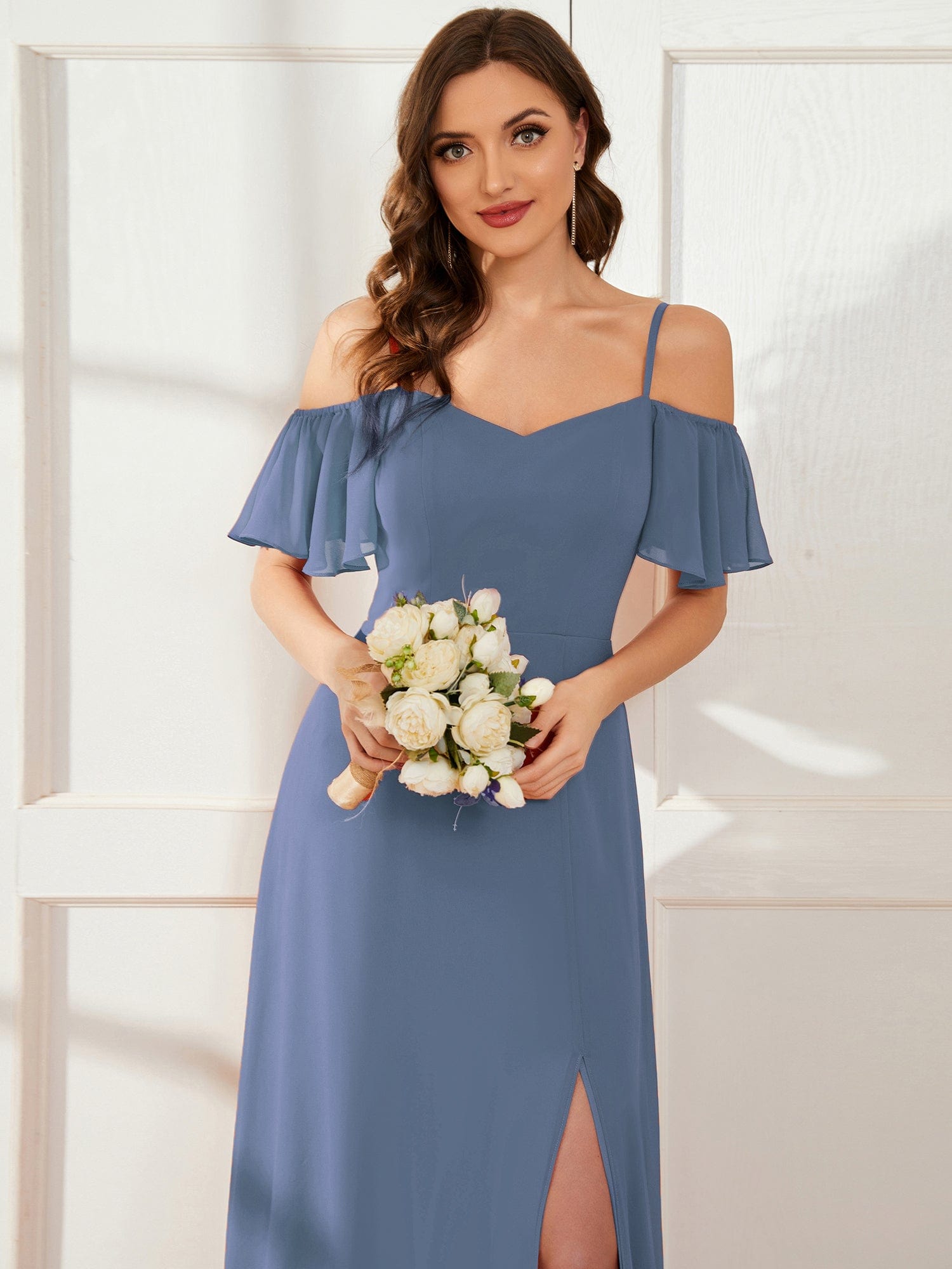 Stylish Cold-Shoulder Floor Length Bridesmaid Dress with Side Slit #color_Dusty Blue