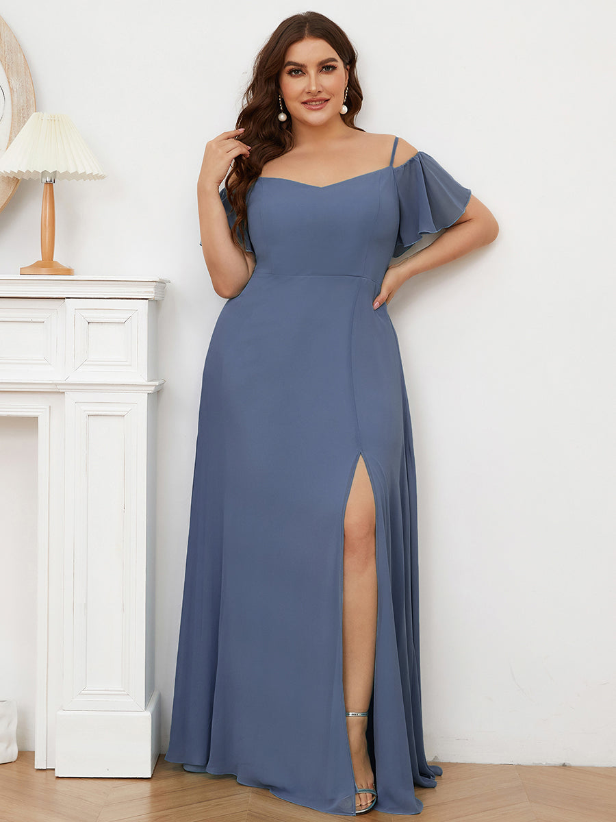 Stylish Cold-Shoulder Floor Length Bridesmaid Dress with Side Slit in Dusty Blue #color_Dusty Blue