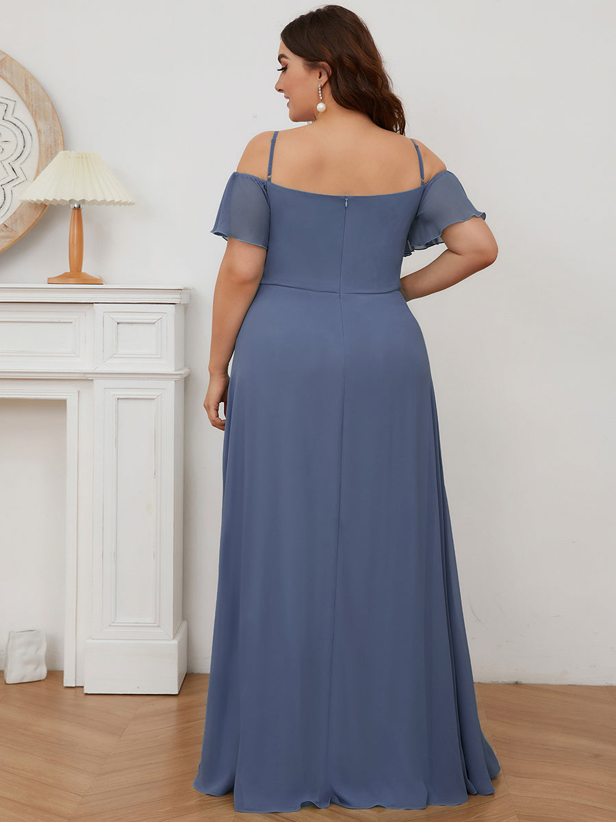 Stylish Cold-Shoulder Floor Length Bridesmaid Dress with Side Slit in Dusty Blue #color_Dusty Blue