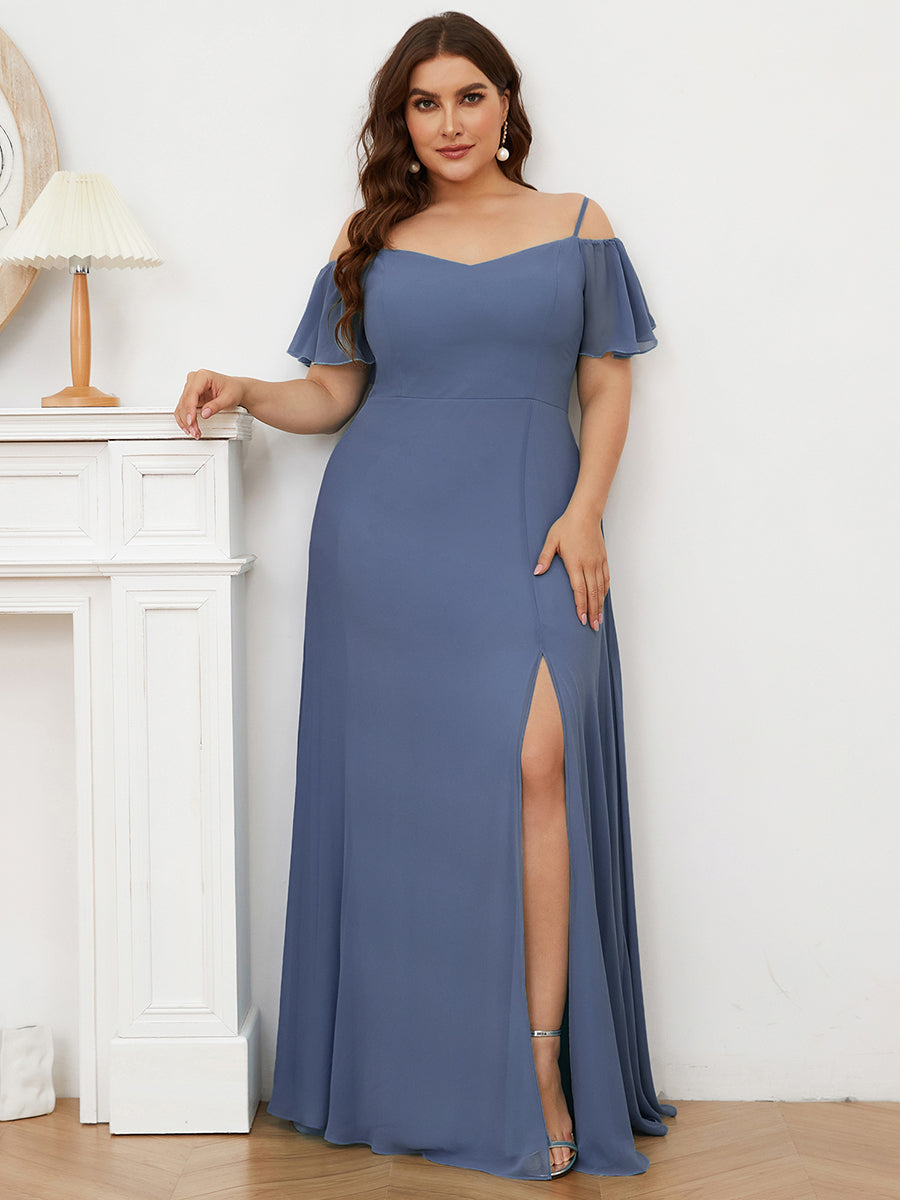 Stylish Cold-Shoulder Floor Length Bridesmaid Dress with Side Slit in Dusty Blue #color_Dusty Blue