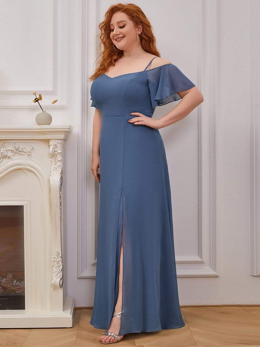 Plus-Size Cold-Shoulder V-neck Evening Dress with Side Slit #color_Dusty Blue