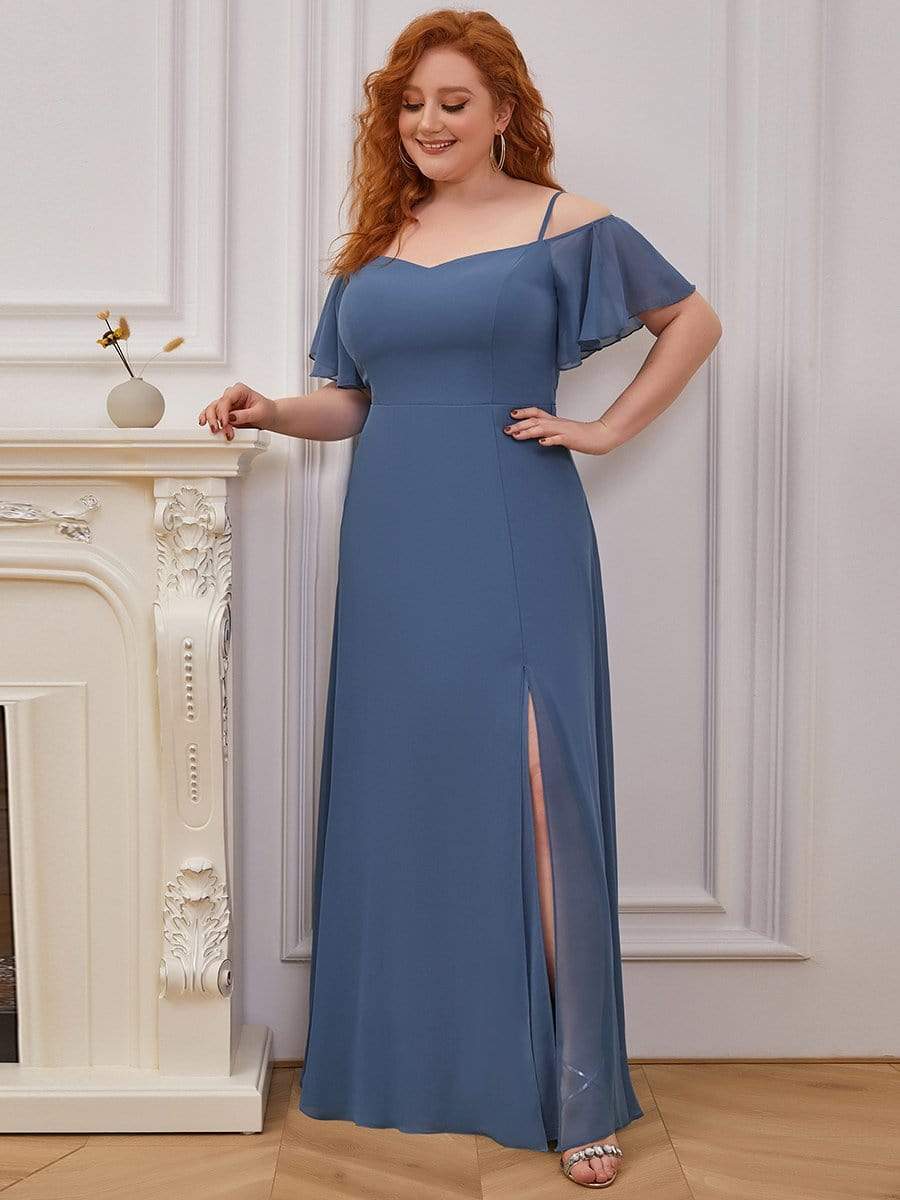 Plus-Size Cold-Shoulder V-neck Evening Dress with Side Slit #color_Dusty Navy