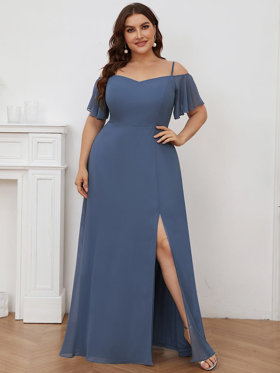 Stylish Cold-Shoulder Floor Length Bridesmaid Dress with Side Slit #color_Dusty Blue