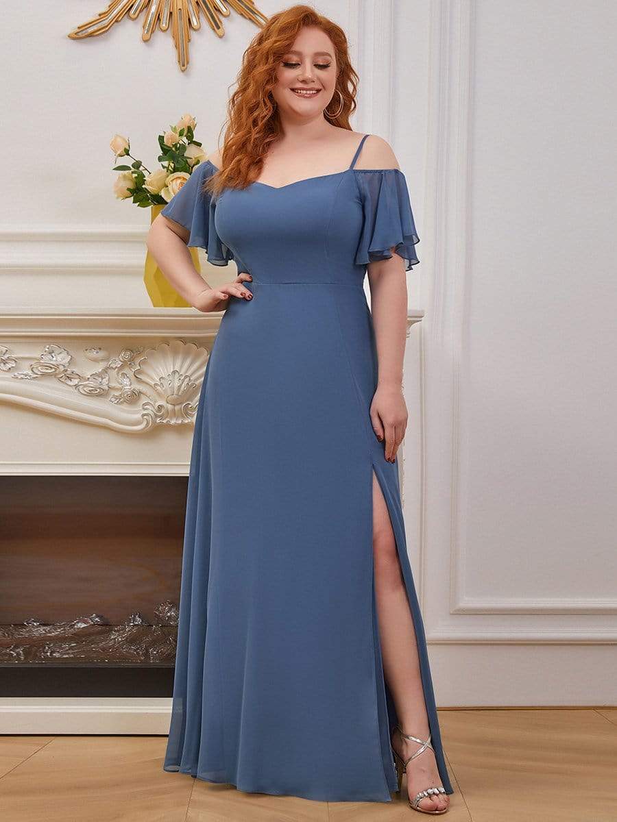 Plus-Size Cold-Shoulder V-neck Evening Dress with Side Slit #color_Dusty Blue