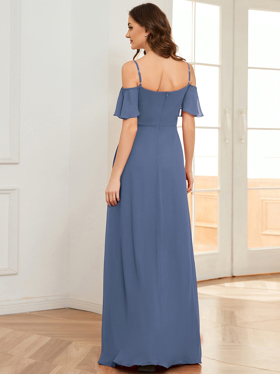 Stylish Cold-Shoulder Floor Length Bridesmaid Dress with Side Slit in Dusty Blue #color_Dusty Blue