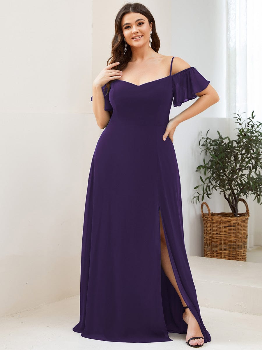 Plus-Size Cold-Shoulder V-neck Evening Dress with Side Slit #color_Dark Purple