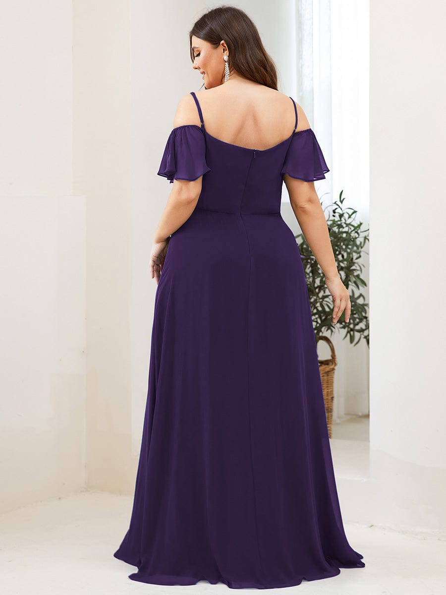 Plus-Size Cold-Shoulder V-neck Evening Dress with Side Slit #color_Dark Purple