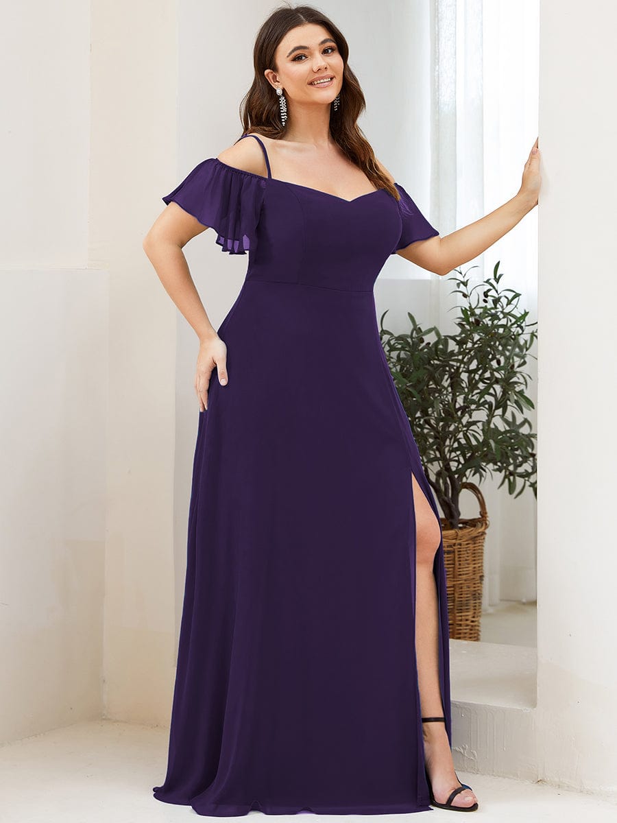 Plus-Size Cold-Shoulder V-neck Evening Dress with Side Slit #color_Dark Purple